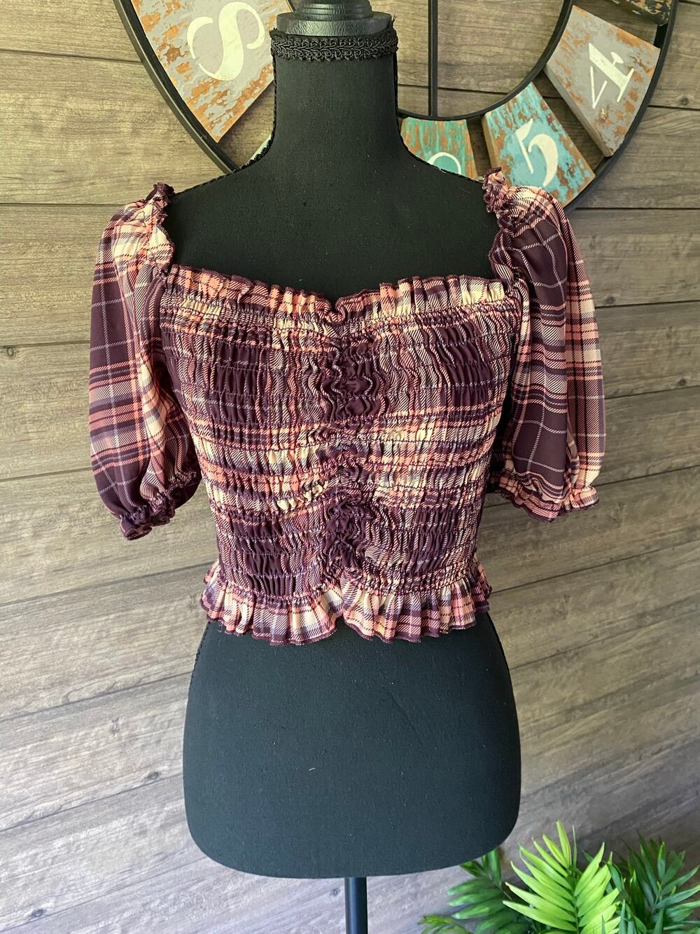 Evolutionary Plaid Smocked Puff Sleeve Crop Top Size S Cottagecore Romantic